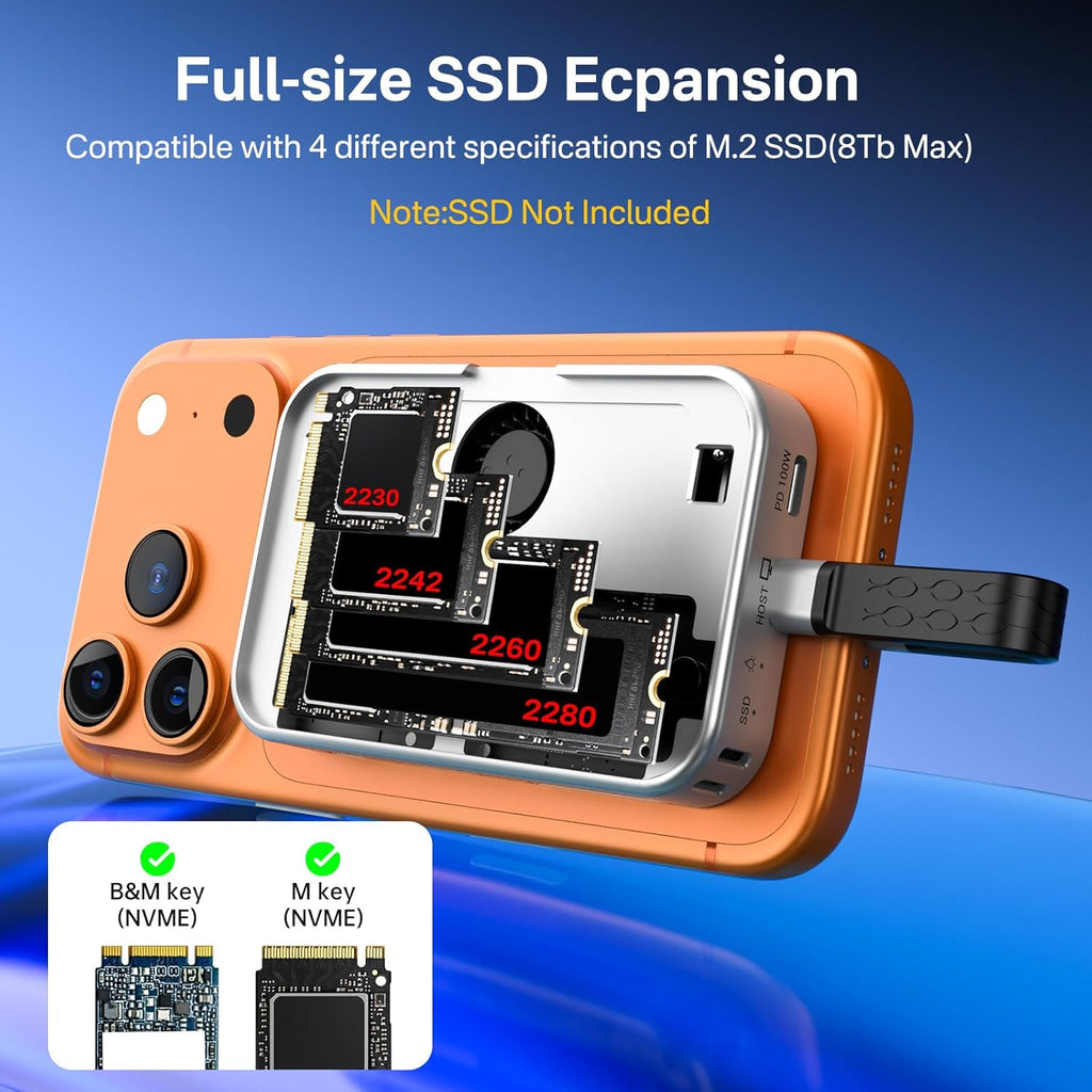 10Gbps Magnetic M.2 Nvme SSD Enclosure & USB C Docking Station with Cooling Fan for Iphone 17/16/15 Pro/Pro Max/Plus,Tool Free Installation,Support SSD Size 2230/2242/2260/2280 B+M M-Key