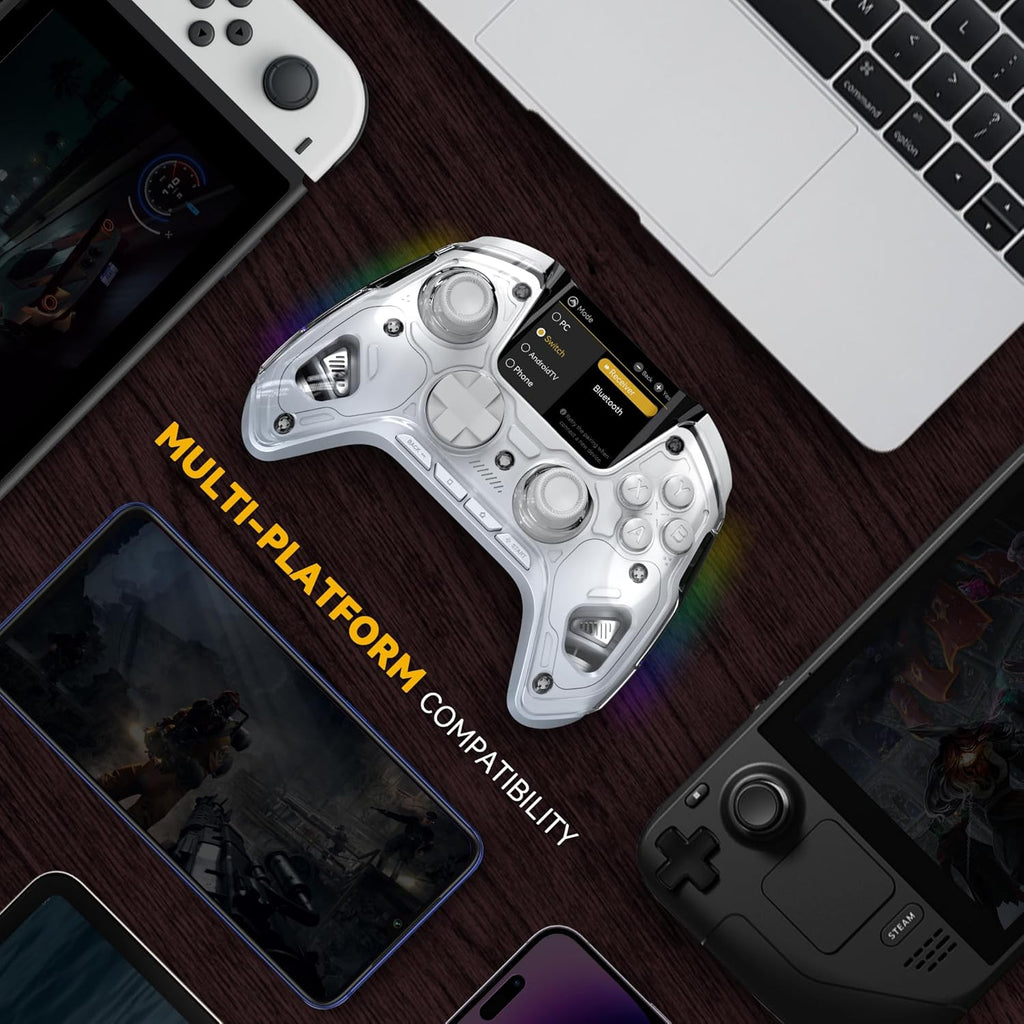 one Interactive Screen Wireless Gaming Controller for Pc/Switch/Switch 2/Ios/Android,Hall Effect Stick & Trigger,Rgb Lighting,Remappable Buttons,1800Mah with Charging Dock (White)