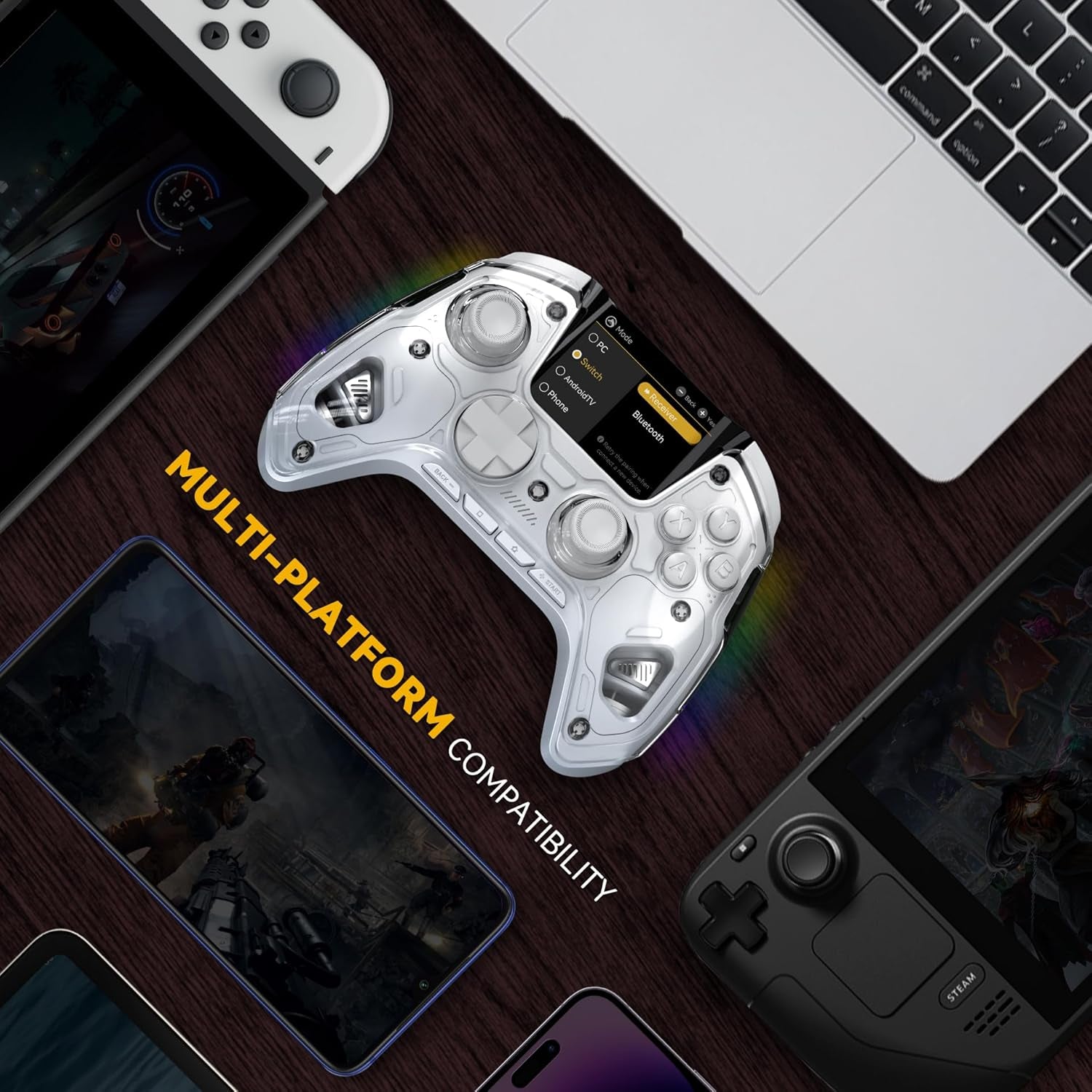 one Interactive Screen Wireless Gaming Controller for Pc/Switch/Switch 2/Ios/Android,Hall Effect Stick & Trigger,Rgb Lighting,Remappable Buttons,1800Mah with Charging Dock (White)