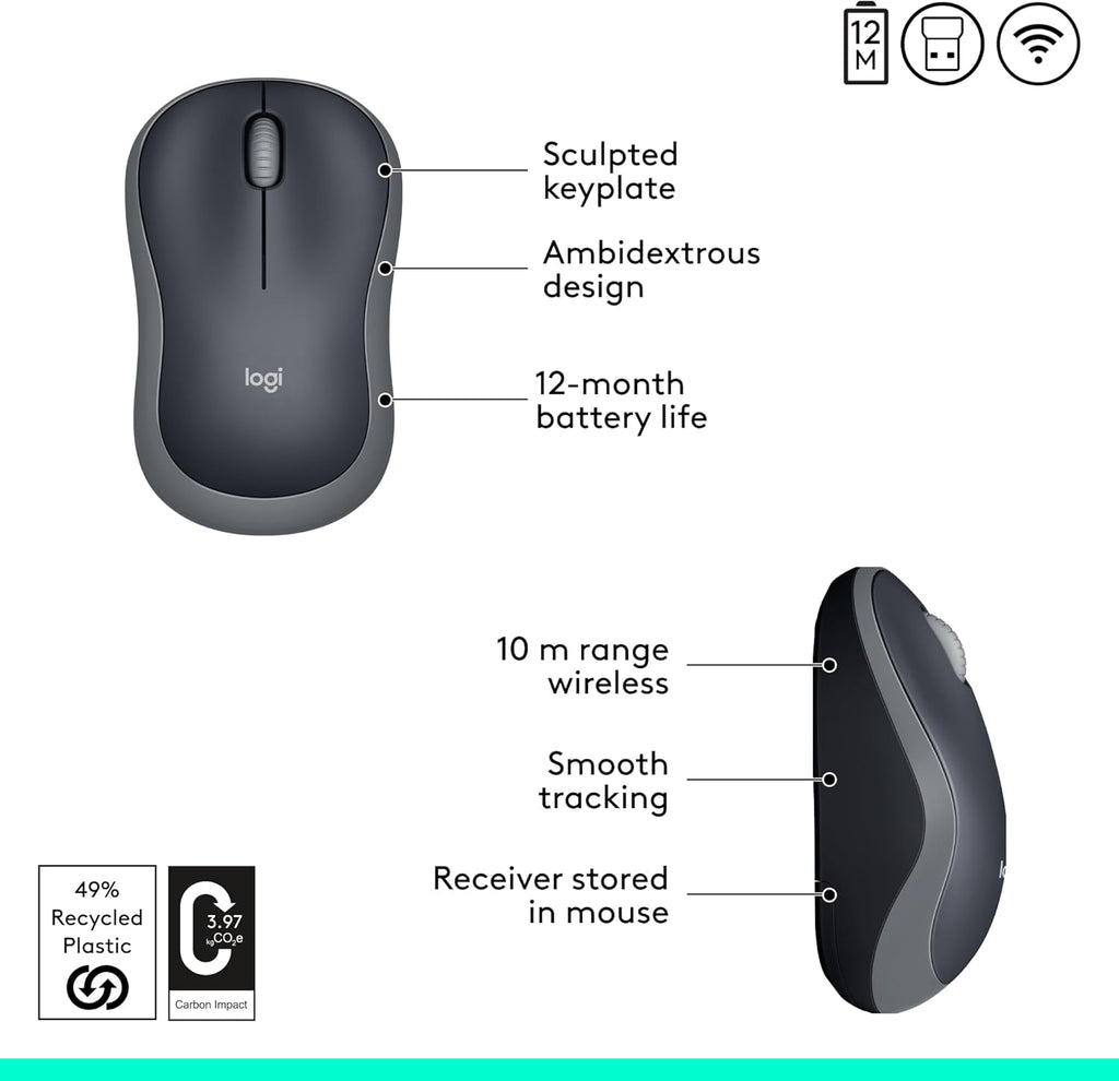 M185 Wireless Mouse, 2.4Ghz with USB Mini Receiver, 12-Month Battery Life, 1000 DPI Optical Tracking, Ambidextrous Pc/Mac/Laptop - Swift Grey