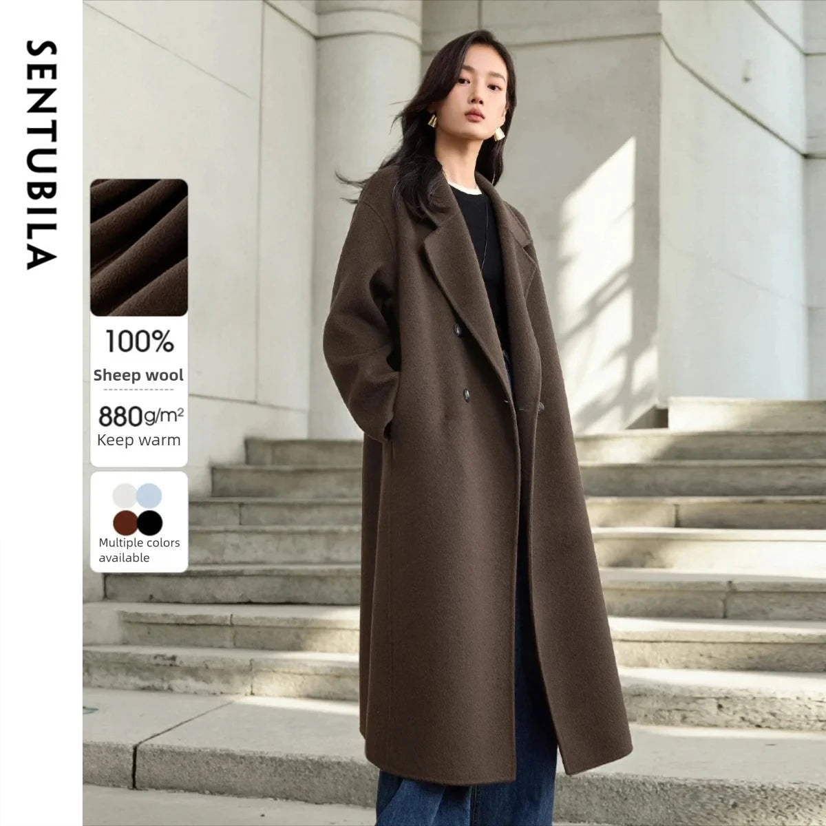 SENTUBILA Women's 100% Wool Long Coat Winter 2025 Classic Elegant Commuter Style Double-Faced Overcoat Ladies Clothes W54OA8780